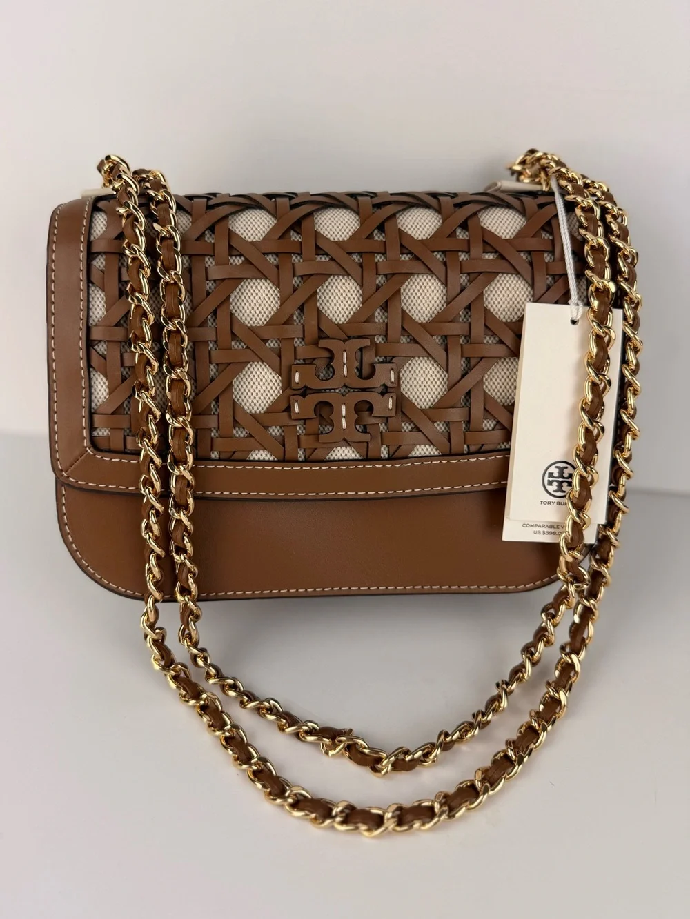 Tory Burch Britten Basket-Weave Small Adjustable Shoulder Bag Moose Brown $598